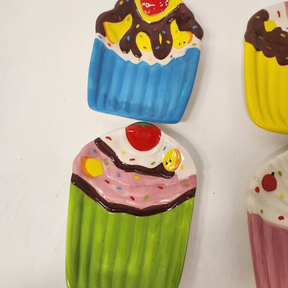 Cup Cake Plate Set Multicolor Ceramic Dessert Plates 4Pcs Fine Life Products NEW - Picture 3 of 7